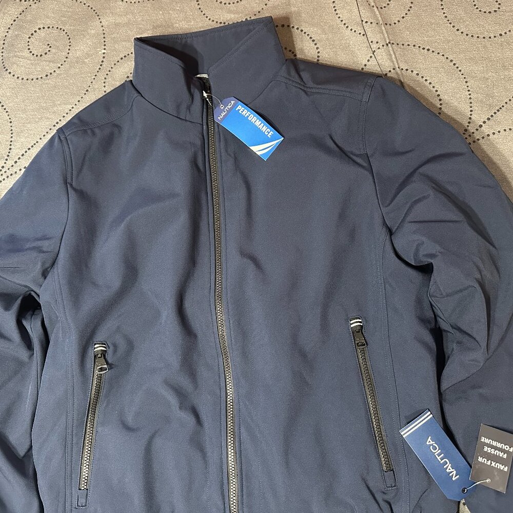 NAUTICA PERFORMANCE CASUAL DARK BLUE & BLACK FAUX FUR JACKET SIZE XL OR M MEN $$